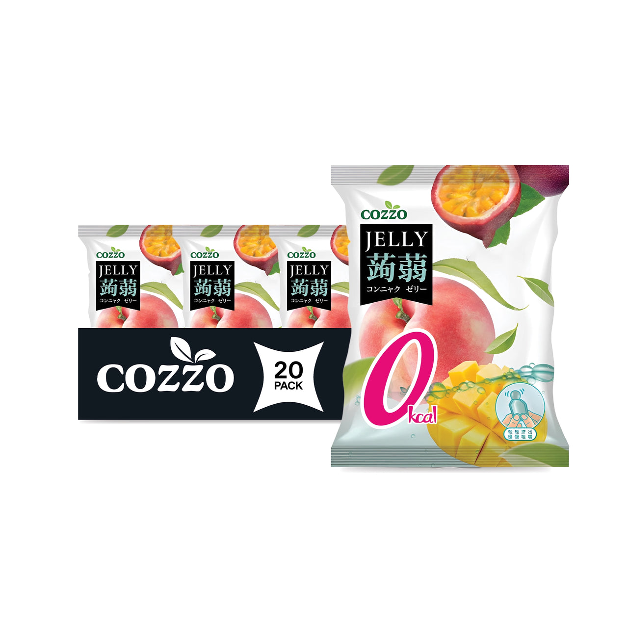 Healthy snacks, Bulk candy, Snack variety packs — Cozzo Jelly 20-pack squeeze pouch with a large “0 kcal” label, shown with three smaller pouches behind and a “20 PACK” banner; packaging features a peach, a passion fruit half, and diced mango near the bottom.

سناكات صحية، حلويات بالجملة، باكيت سناكات مشكلة — كيس جيلي Cozzo قابل للعصر (باك 20) مع عبارة كبيرة “0 كالوري”، وثلاثة أكياس صغيرة بالخلف مع شريط “20 PACK”؛ التغليف يظهر خوخ، ونصف ثمرة باشن فروت، وقطع مانجا في الأسفل.