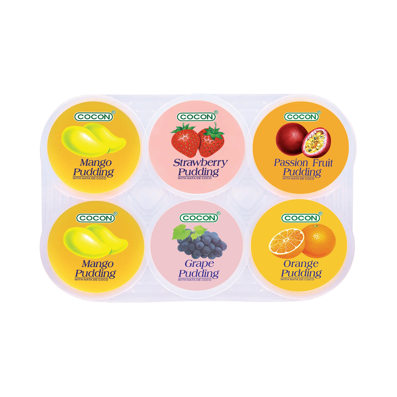 Six-cup COCON pudding tray in a clear plastic pack with round lids showing mixed fruit flavors: mango, strawberry, passion fruit, grape, and orange; bright fruit icons on each lid. Wholesale snacks سناكات جملة, Healthy snacks سناكات صحية, Low calorie snacks سناكات قليلة السعرات.