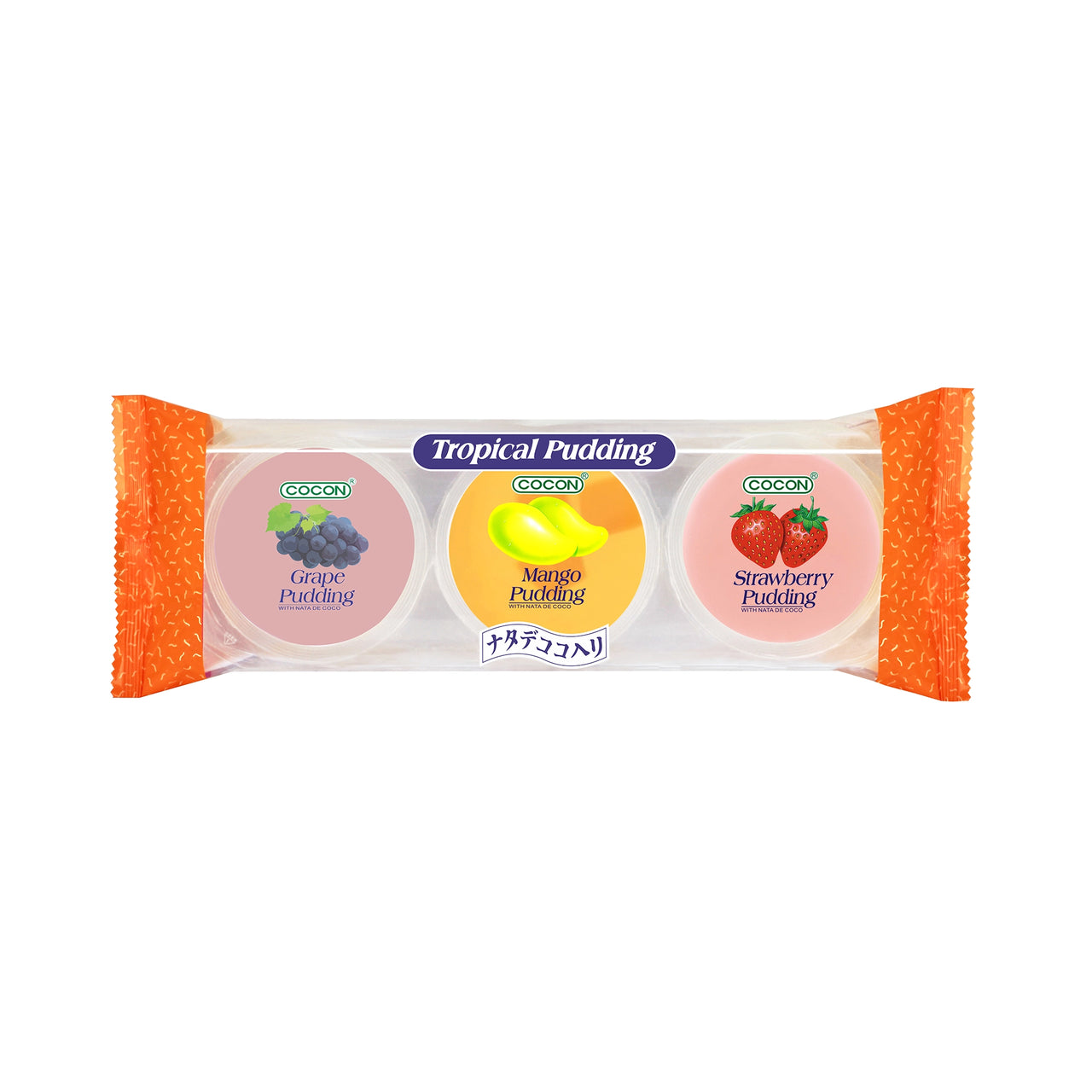 Clear wrapped COCON Tropical Pudding 3-pack showing three cups labeled Grape Pudding, Mango Pudding, and Strawberry Pudding with fruit icons on pastel lids; Gluten free snacks سناكات خالية من الغلوتين, Low calorie snacks سناكات قليلة السعرات.