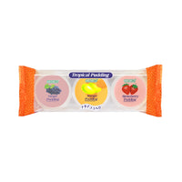 Clear wrapped COCON Tropical Pudding 3-pack showing three cups labeled Grape Pudding, Mango Pudding, and Strawberry Pudding with fruit icons on pastel lids; Gluten free snacks سناكات خالية من الغلوتين, Low calorie snacks سناكات قليلة السعرات.
