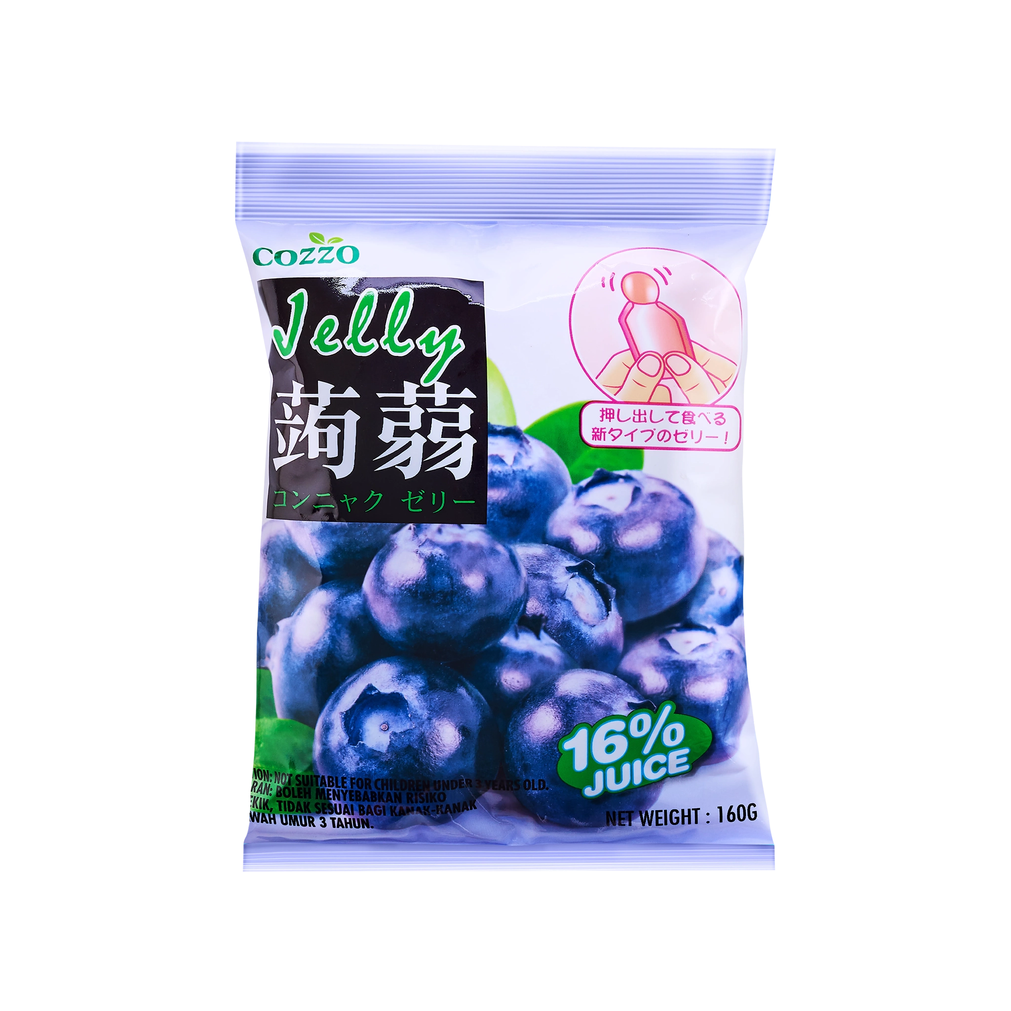High fiber snack Cozzo konnyaku jelly blueberry flavour pouch, light purple packaging packed with blueberries and a “16% juice” badge, net weight 160g.

وجبة خفيفة عالية الألياف — كيس جيلي كونياكو Cozzo بنكهة التوت الأزرق، تغليف بنفسجي فاتح مع عنقود توت أزرق وشارة “16% عصير”، الوزن 160غ.