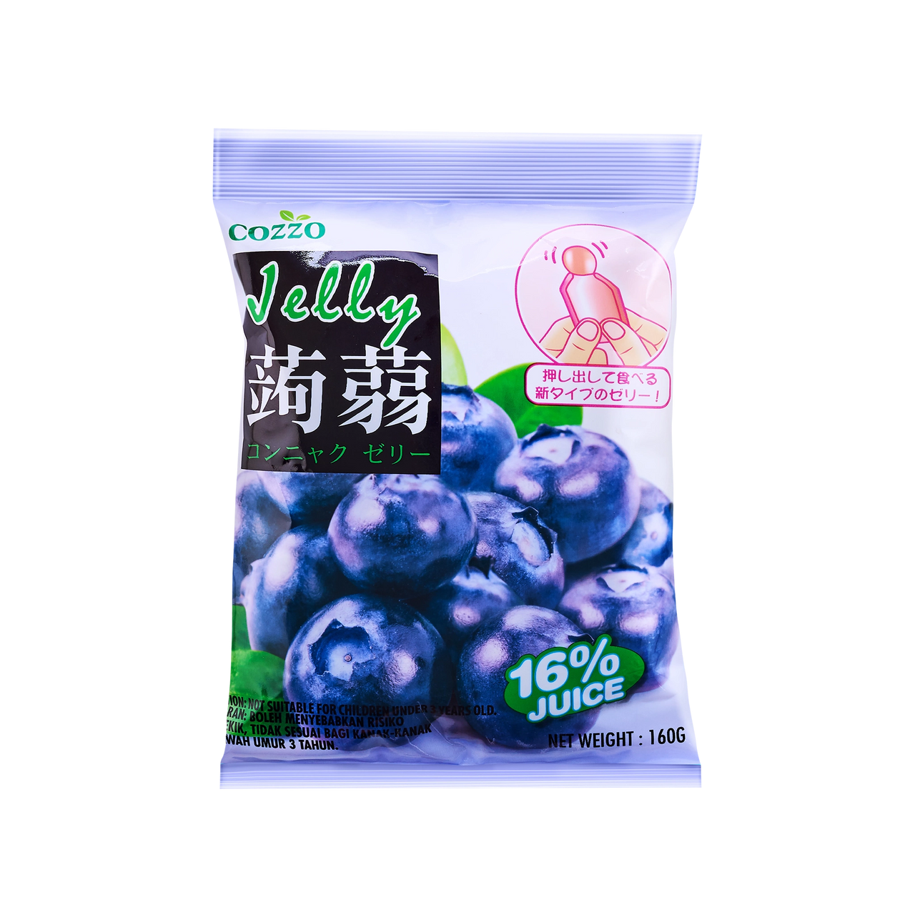 High fiber snack Cozzo konnyaku jelly blueberry flavour pouch, light purple packaging packed with blueberries and a “16% juice” badge, net weight 160g.

وجبة خفيفة عالية الألياف — كيس جيلي كونياكو Cozzo بنكهة التوت الأزرق، تغليف بنفسجي فاتح مع عنقود توت أزرق وشارة “16% عصير”، الوزن 160غ.