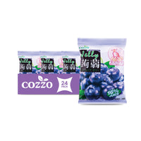 Squeeze jelly pouches, Wholesale snacks — Cozzo blueberry konnyaku jelly 24 pack with a large blueberry pouch (16% juice, 160g) and three smaller pouches lined behind it, plus a “24 pack” banner.

جيلي قابل للعصر، سناكات جملة — عبوة Cozzo جيلي كونياكو توت أزرق 24 قطعة، كيس كبير (16% عصير، 160غ) مع ثلاث أكياس أصغر خلفه ولافتة “24 pack”.