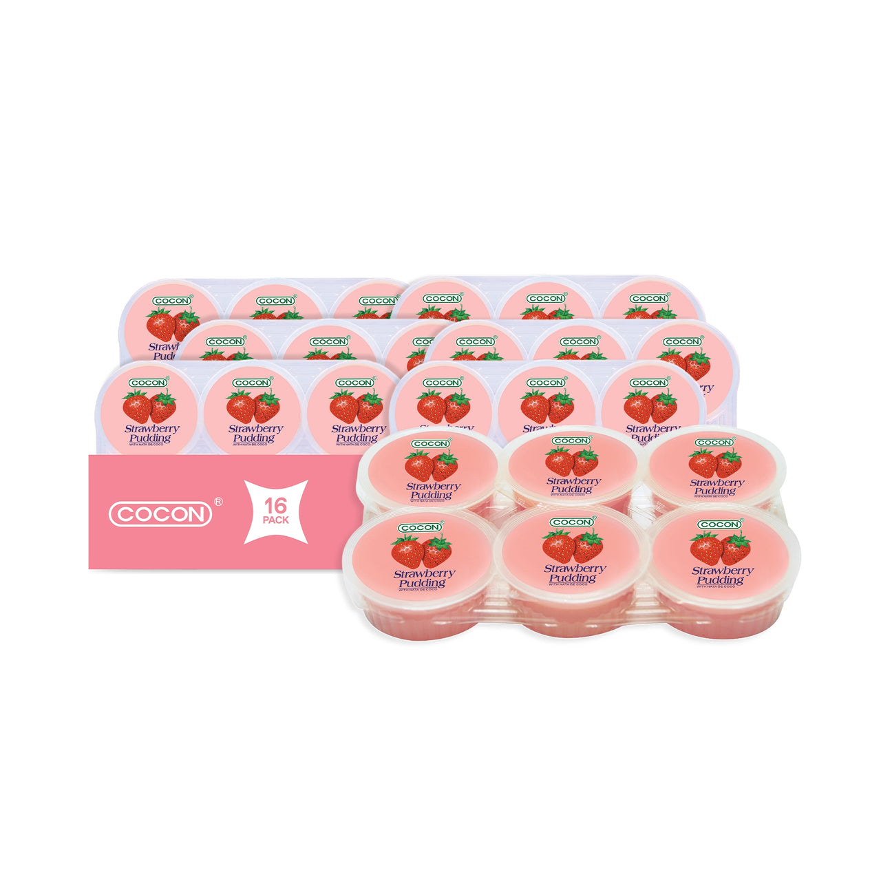 Nata de coco pudding bulk snacks — Cocon Strawberry Pudding 16-pack multipack, pink-lidded pudding cups with strawberry illustrations and a pink “Cocon 16 pack” banner on a white background.

بودينغ ناتا دي كوكو سناكات بالجملة — عبوة Cocon فراولة 16 حبة، أكواب بودينغ بأغطية وردية عليها رسمة فراولة مع شريط وردي “Cocon 16 pack” على خلفية بيضاء.