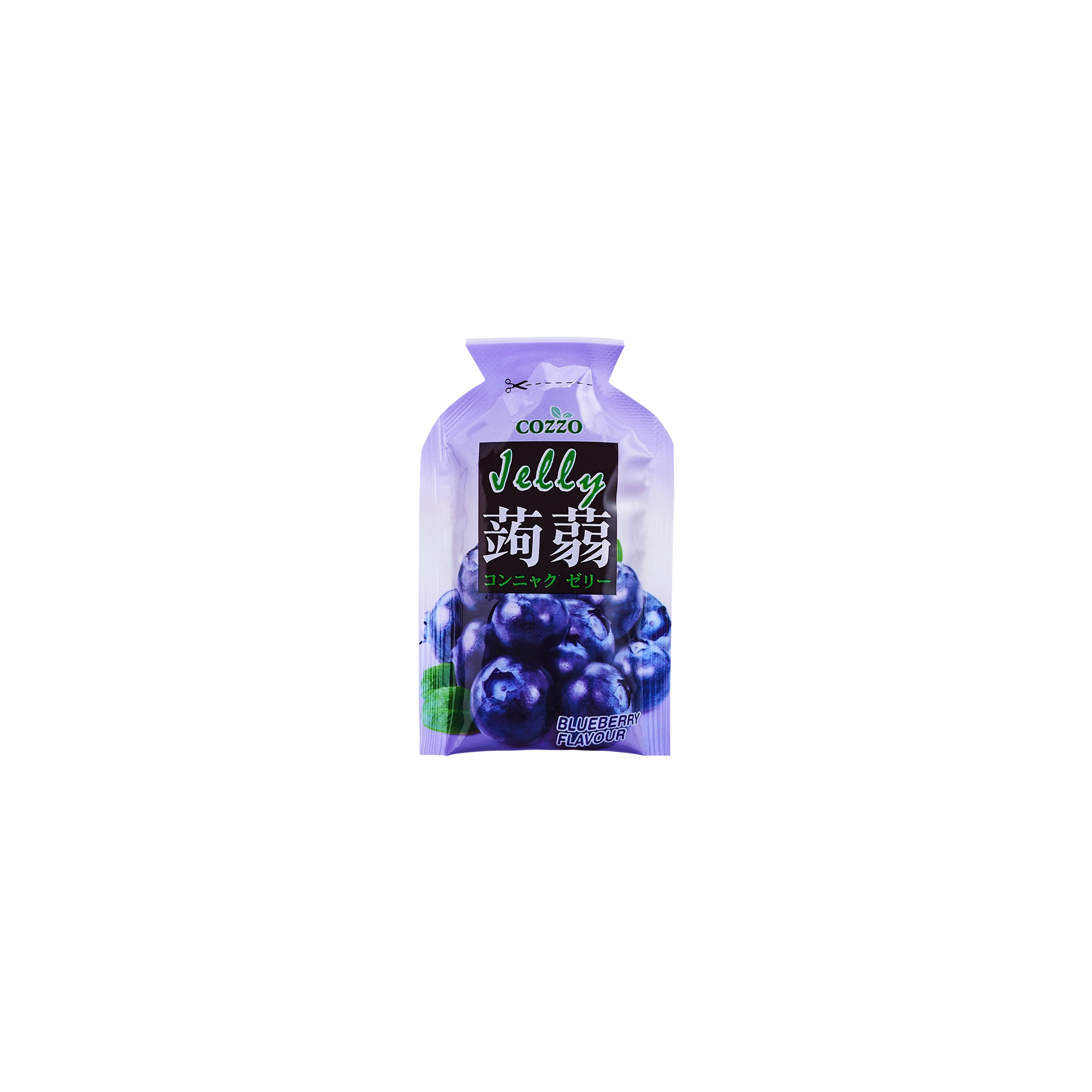 Low sugar candy — Cozzo Jelly blueberry flavour pouch with a light purple top and blueberry cluster on the front, isolated on a transparent background.

حلويات قليلة السكر — كيس جيلي كوزو بنكهة التوت الأزرق بغطاء علوي بنفسجي فاتح، مع صورة عناقيد التوت الأزرق على الواجهة، معزول على خلفية شفافة.