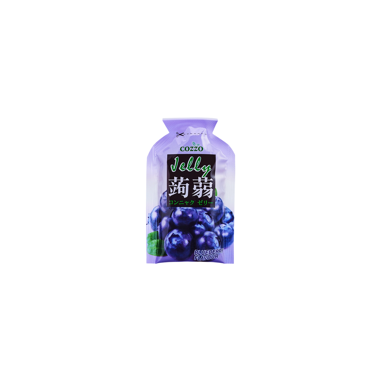 Low sugar candy — Cozzo Jelly blueberry flavour pouch with a light purple top and blueberry cluster on the front, isolated on a transparent background.

حلويات قليلة السكر — كيس جيلي كوزو بنكهة التوت الأزرق بغطاء علوي بنفسجي فاتح، مع صورة عناقيد التوت الأزرق على الواجهة، معزول على خلفية شفافة.