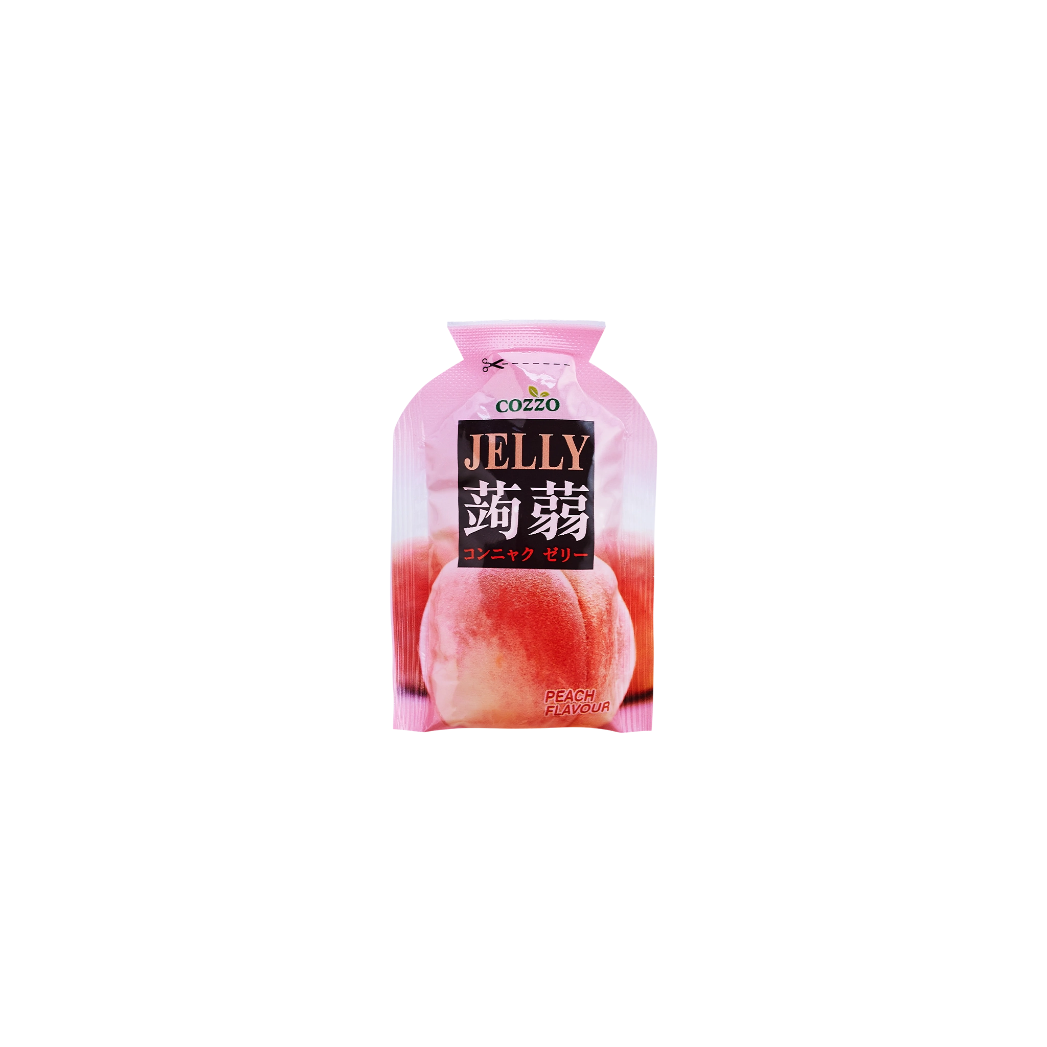 Low sugar candy — Cozzo Jelly peach flavour pouch in soft pink with a peach image on the front, isolated on a transparent background.

حلويات قليلة السكر — كيس جيلي كوزو بنكهة الخوخ باللون الوردي الفاتح، مع صورة الخوخ على الواجهة، معزول على خلفية شفافة.