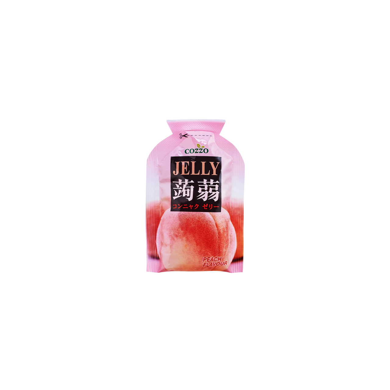 Low sugar candy — Cozzo Jelly peach flavour pouch in soft pink with a peach image on the front, isolated on a transparent background.

حلويات قليلة السكر — كيس جيلي كوزو بنكهة الخوخ باللون الوردي الفاتح، مع صورة الخوخ على الواجهة، معزول على خلفية شفافة.