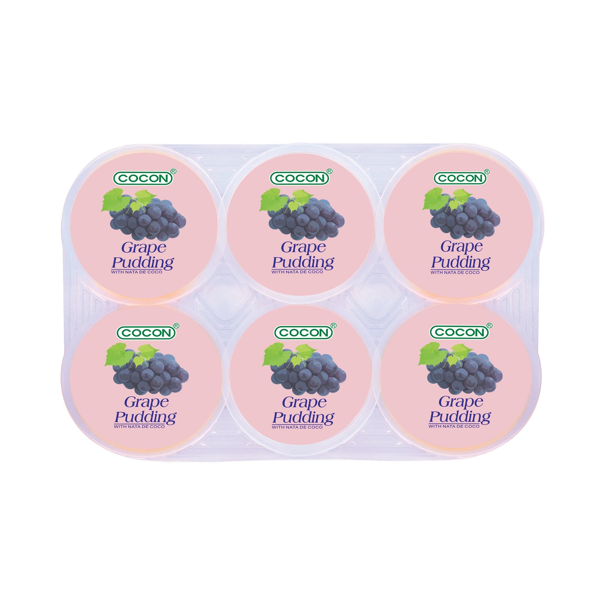 Six-cup COCON grape pudding tray in a clear plastic pack; all six round lids are light pink with a grape cluster icon and the words ‘Grape Pudding’ on each cup. Wholesale snacks سناكات جملة, Healthy snacks سناكات صحية, Low calorie snacks سناكات قليلة السعرات.