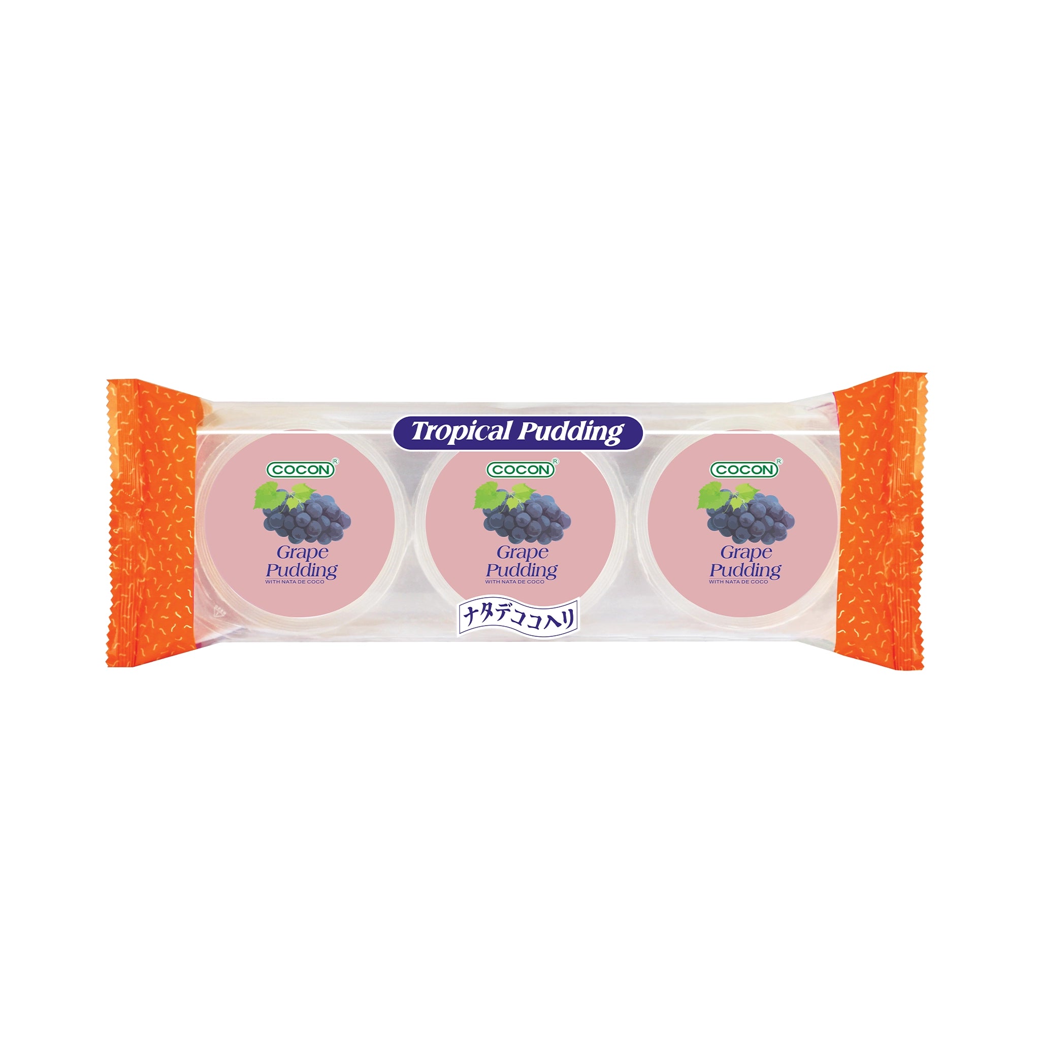 Clear wrapped COCON Tropical Pudding 3-pack with three identical cups labeled Grape Pudding, each lid showing a bunch of purple grapes; Gluten free snacks سناكات خالية من الغلوتين, Low calorie snacks سناكات قليلة السعرات.