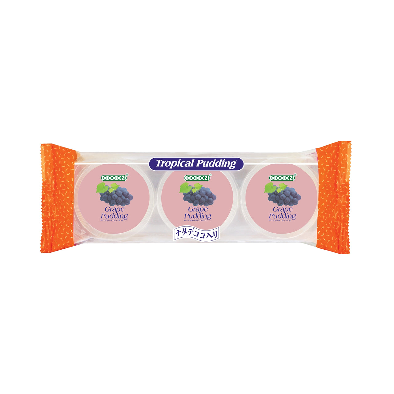 Clear wrapped COCON Tropical Pudding 3-pack with three identical cups labeled Grape Pudding, each lid showing a bunch of purple grapes; Gluten free snacks سناكات خالية من الغلوتين, Low calorie snacks سناكات قليلة السعرات.