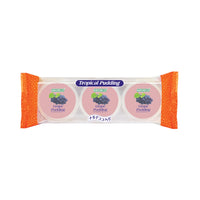 Clear wrapped COCON Tropical Pudding 3-pack with three identical cups labeled Grape Pudding, each lid showing a bunch of purple grapes; Gluten free snacks سناكات خالية من الغلوتين, Low calorie snacks سناكات قليلة السعرات.