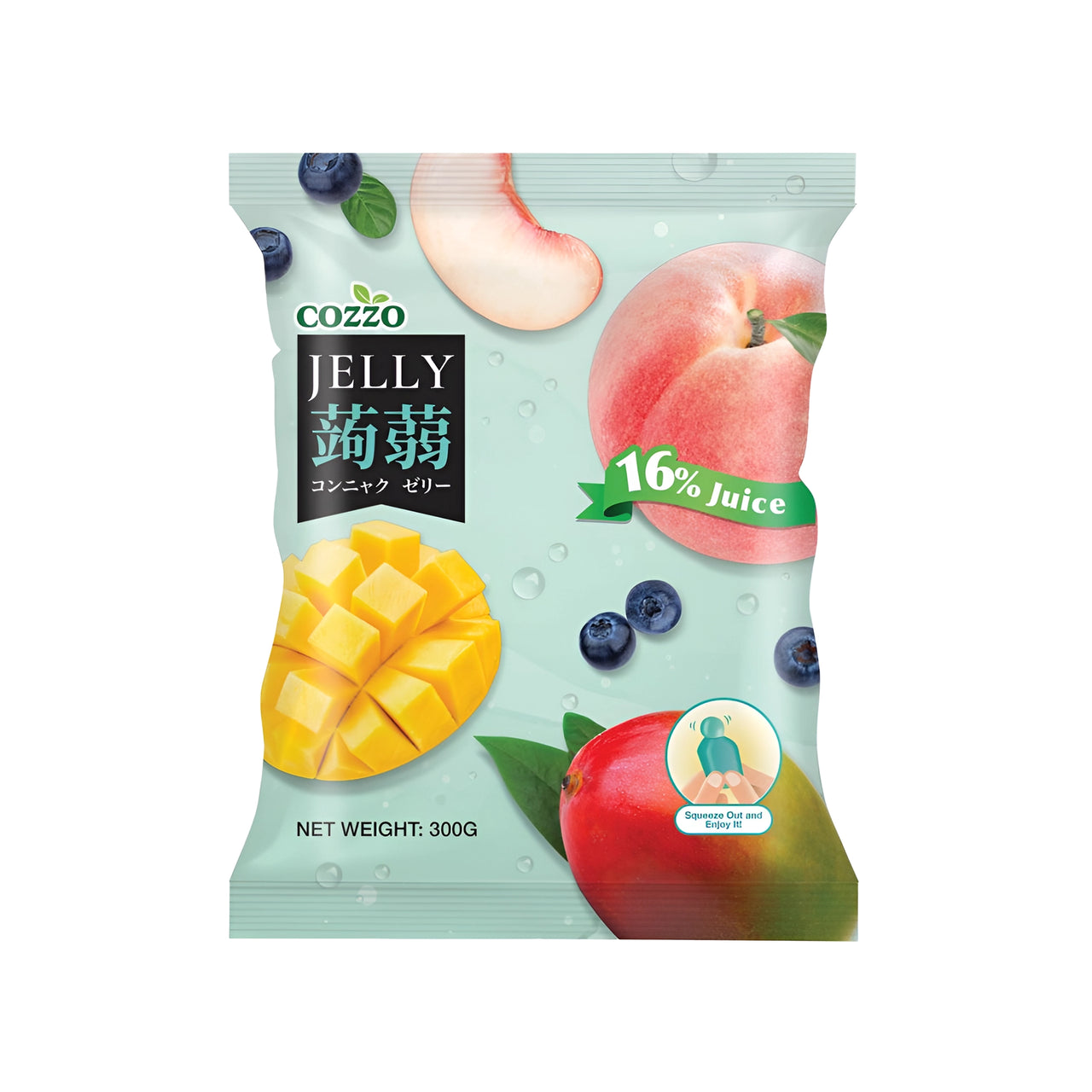 High fiber snack large Cozzo konnyaku jelly pouch with peach, mango cubes, and blueberries on a mint-green background, “16% Juice” ribbon, net weight 300g.

وجبة خفيفة عالية الألياف — كيس كبير من جيلي كونياكو Cozzo مع صور خوخ وقطع مانجو وتوت أزرق على خلفية خضراء فاتحة، شريط “16% عصير”، الوزن 300غ.