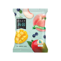 High fiber snack large Cozzo konnyaku jelly pouch with peach, mango cubes, and blueberries on a mint-green background, “16% Juice” ribbon, net weight 300g.

وجبة خفيفة عالية الألياف — كيس كبير من جيلي كونياكو Cozzo مع صور خوخ وقطع مانجو وتوت أزرق على خلفية خضراء فاتحة، شريط “16% عصير”، الوزن 300غ.