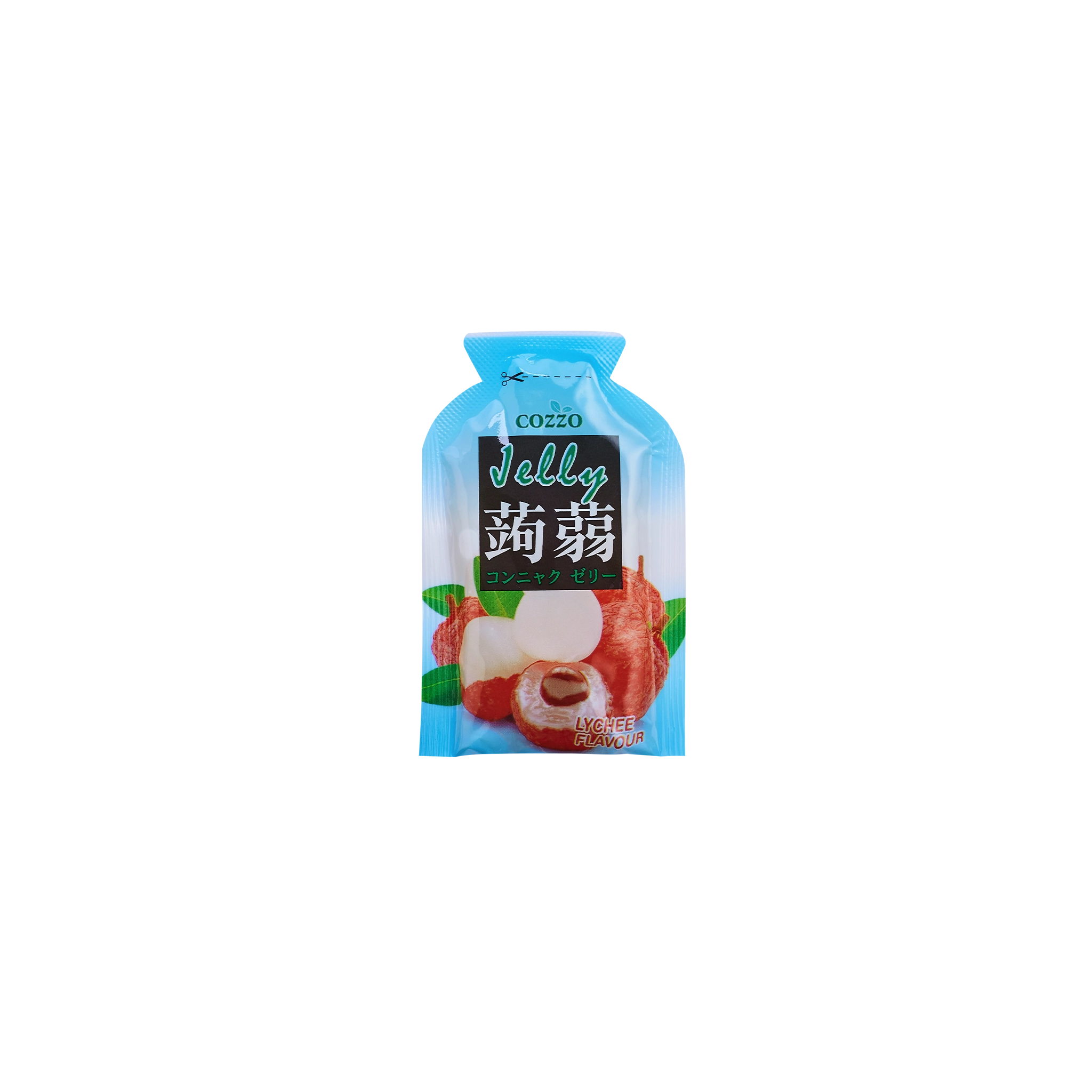 Low sugar candy — Cozzo Jelly lychee flavour pouch with a bright blue top and lychee fruit image on the front, isolated on a transparent background.

حلويات قليلة السكر — كيس جيلي كوزو بنكهة الليتشي بغطاء علوي أزرق، مع صورة فاكهة الليتشي على الواجهة، معزول على خلفية شفافة.
