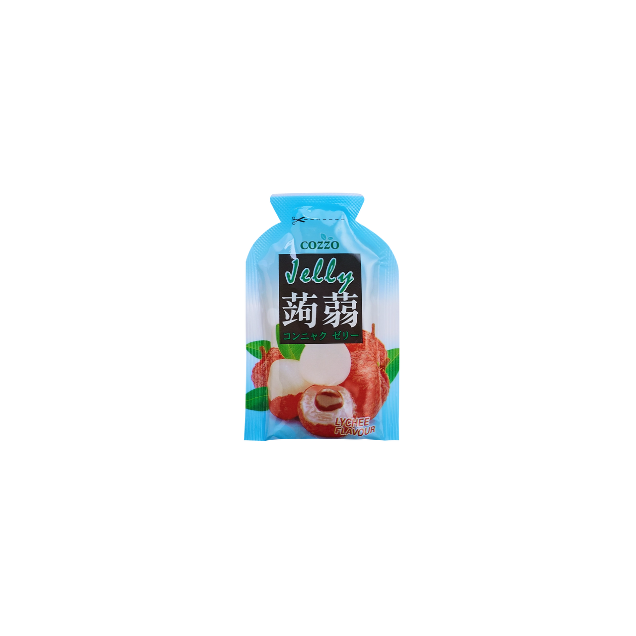 Low sugar candy — Cozzo Jelly lychee flavour pouch with a bright blue top and lychee fruit image on the front, isolated on a transparent background.

حلويات قليلة السكر — كيس جيلي كوزو بنكهة الليتشي بغطاء علوي أزرق، مع صورة فاكهة الليتشي على الواجهة، معزول على خلفية شفافة.
