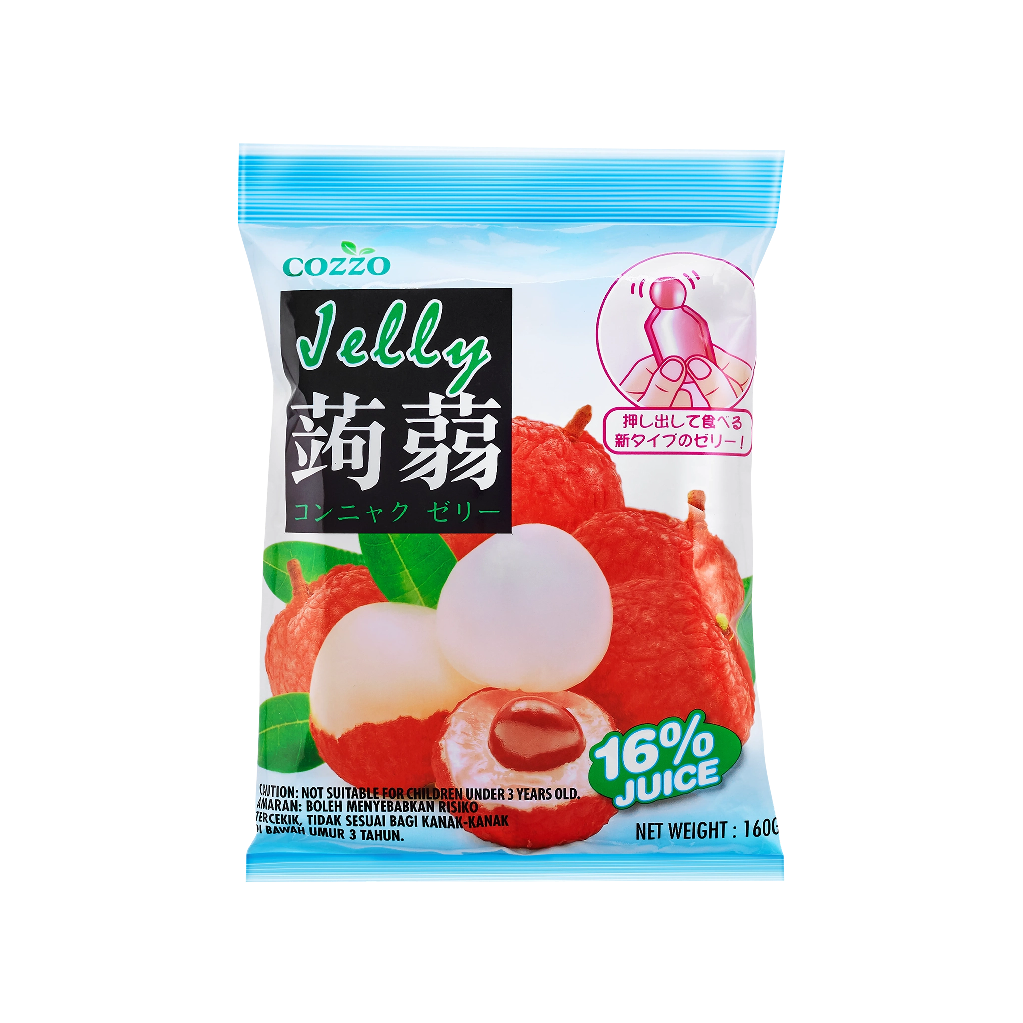 High fiber snack Cozzo konnyaku jelly lychee flavour pouch, blue packaging with lychee fruit and a peeled lychee showing the seed, “16% juice” badge, 160g.

وجبة خفيفة عالية الألياف — كيس جيلي كونياكو Cozzo بنكهة الليتشي، تغليف أزرق مع حبات ليتشي وحبة مقشرة تظهر البذرة، شارة “16% عصير”، الوزن 160غ.