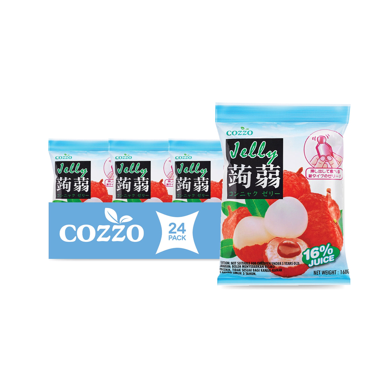 Squeeze jelly pouches, Wholesale snacks — Cozzo lychee konnyaku jelly 24 pack with a large blue-and-white pouch featuring lychee fruit (16% juice, 160g) and three smaller pouches behind a “24 pack” banner.

جيلي قابل للعصر، سناكات جملة — عبوة Cozzo جيلي كونياكو ليتشي 24 قطعة، كيس كبير أزرق وأبيض مع صورة ليتشي (16% عصير، 160غ) وثلاث أكياس أصغر خلف لافتة “24 pack”.