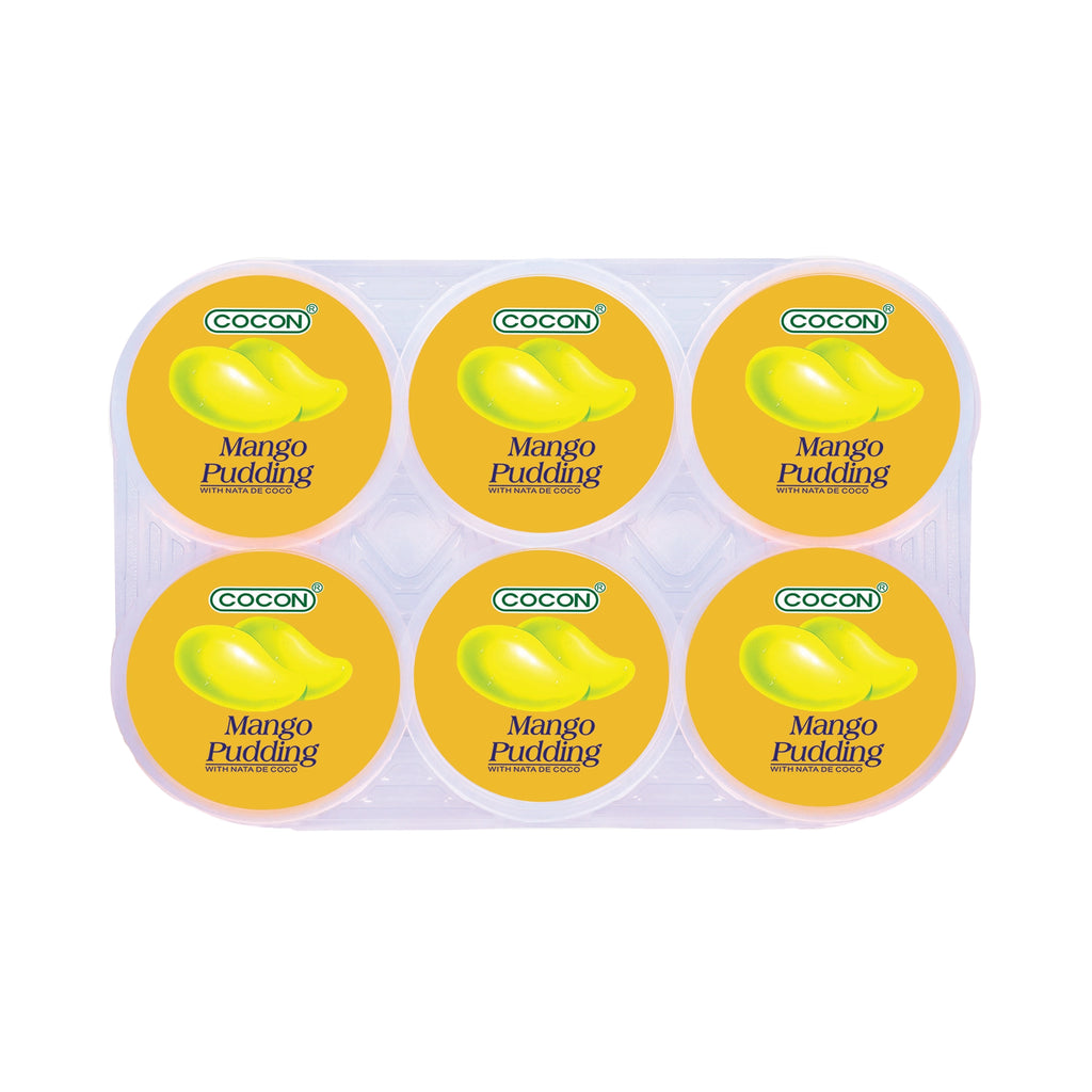 Six-cup COCON mango pudding tray in a clear plastic pack; all six round lids are yellow with a mango icon and the words ‘Mango Pudding’ on each cup. Wholesale snacks سناكات جملة, Healthy snacks سناكات صحية, Low calorie snacks سناكات قليلة السعرات.