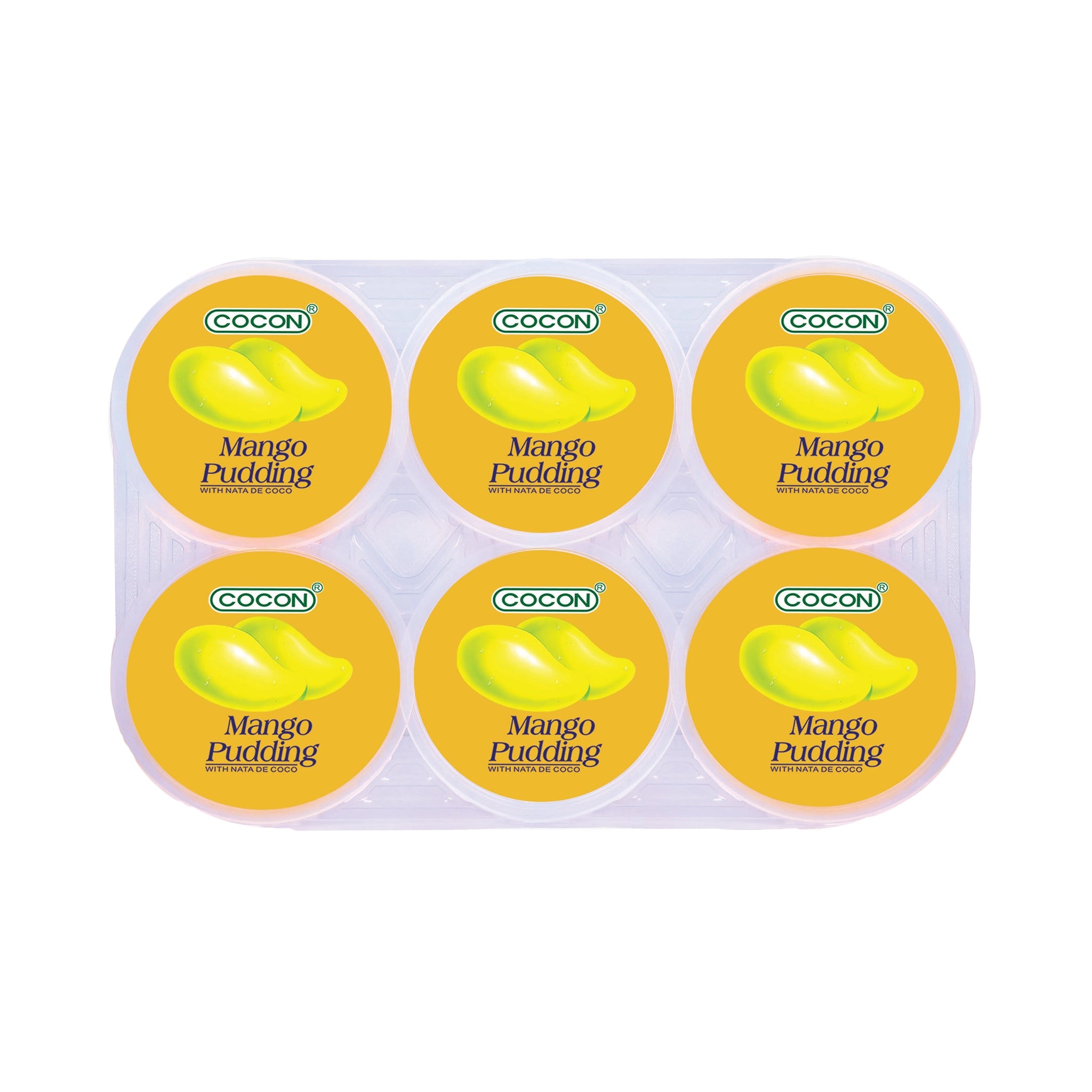 Six-cup COCON mango pudding tray in a clear plastic pack; all six round lids are yellow with a mango icon and the words ‘Mango Pudding’ on each cup. Wholesale snacks سناكات جملة, Healthy snacks سناكات صحية, Low calorie snacks سناكات قليلة السعرات.