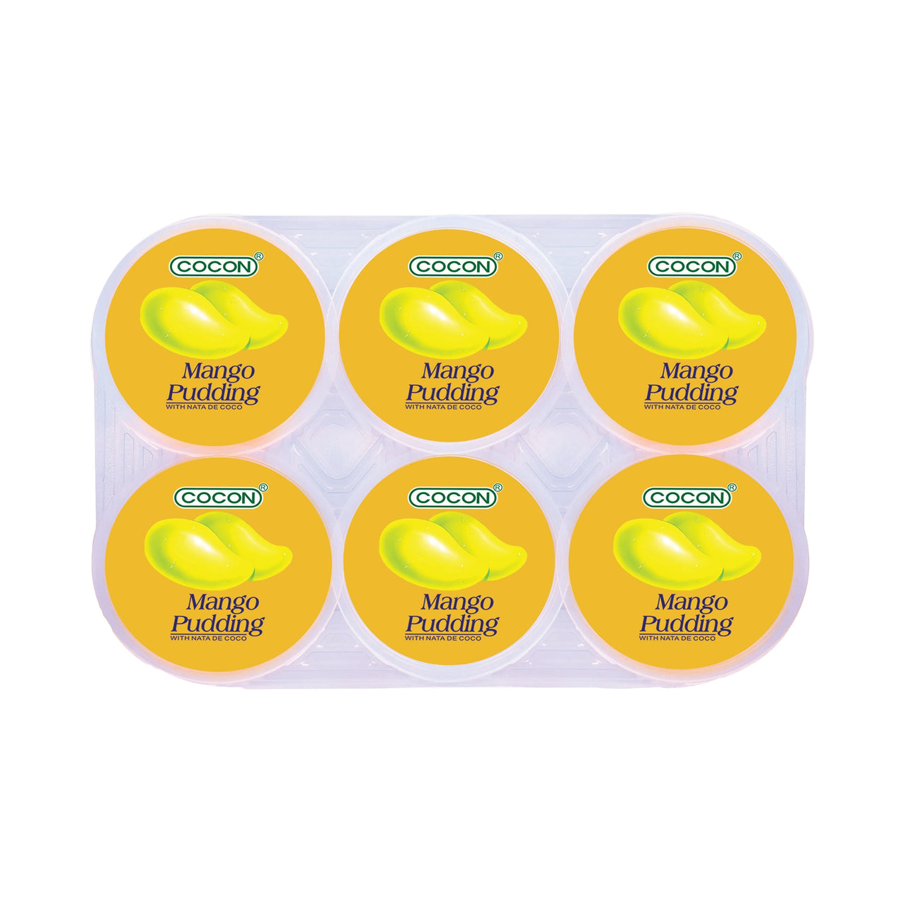 Six-cup COCON mango pudding tray in a clear plastic pack; all six round lids are yellow with a mango icon and the words ‘Mango Pudding’ on each cup. Wholesale snacks سناكات جملة, Healthy snacks سناكات صحية, Low calorie snacks سناكات قليلة السعرات.