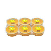 Six-cup COCON mango pudding tray in a clear plastic pack; all six round lids are yellow with a mango icon and the words ‘Mango Pudding’ on each cup. Wholesale snacks سناكات جملة, Healthy snacks سناكات صحية, Low calorie snacks سناكات قليلة السعرات.