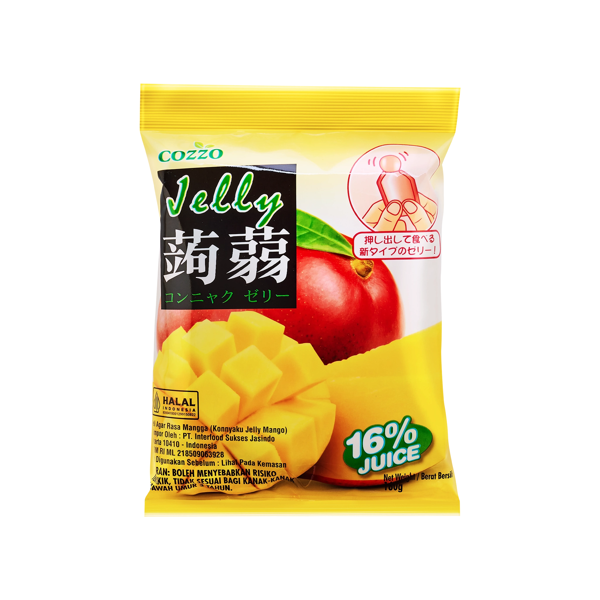 High fiber snack Cozzo konnyaku jelly mango flavour pouch, bright yellow packaging with mango cubes, “16% juice” badge, halal logo, net weight 100g.

وجبة خفيفة عالية الألياف — كيس جيلي كونياكو Cozzo بنكهة المانجو، تغليف أصفر مع مكعبات مانجو، شارة “16% عصير” وشعار حلال، الوزن 100غ.