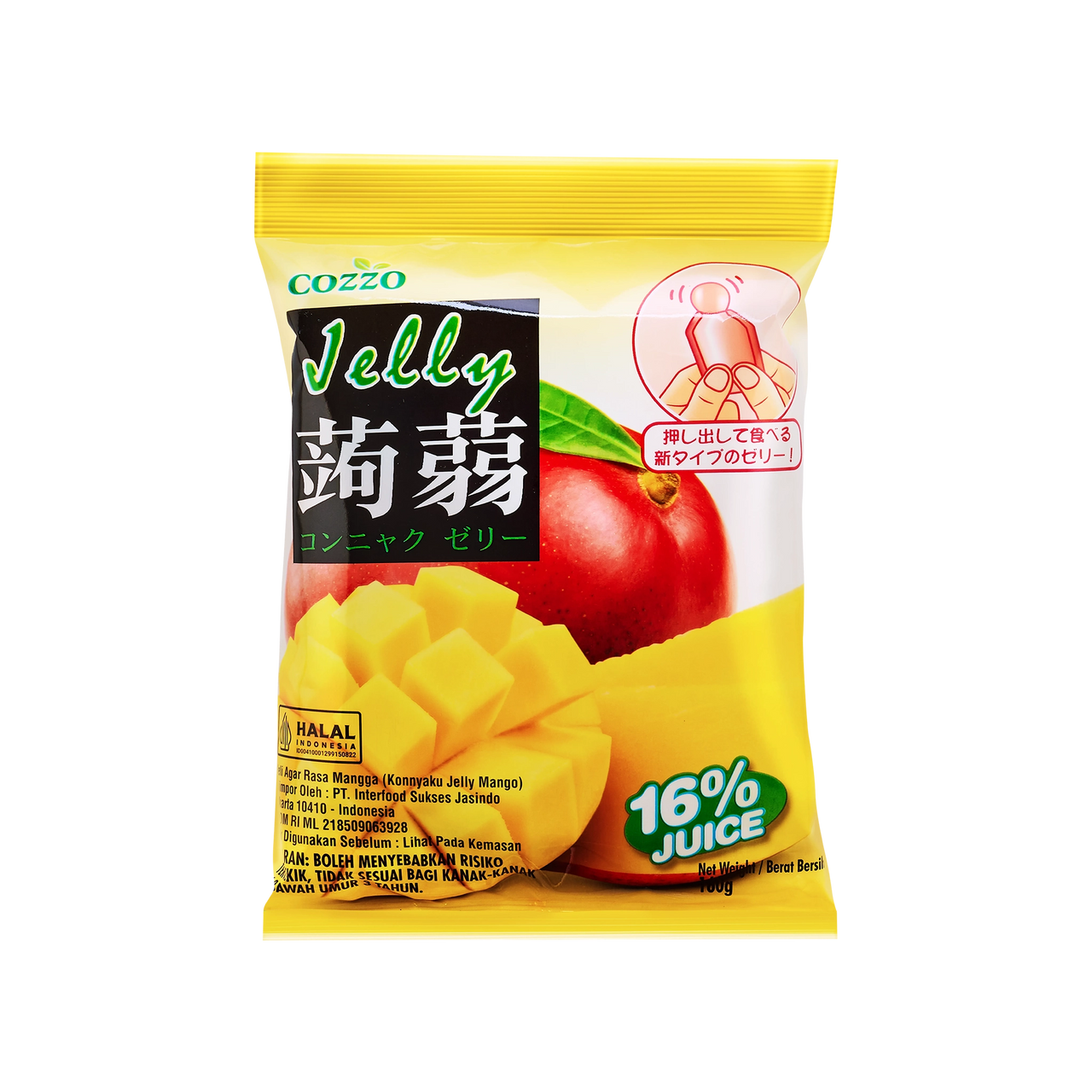 High fiber snack Cozzo konnyaku jelly mango flavour pouch, bright yellow packaging with mango cubes, “16% juice” badge, halal logo, net weight 100g.

وجبة خفيفة عالية الألياف — كيس جيلي كونياكو Cozzo بنكهة المانجو، تغليف أصفر مع مكعبات مانجو، شارة “16% عصير” وشعار حلال، الوزن 100غ.