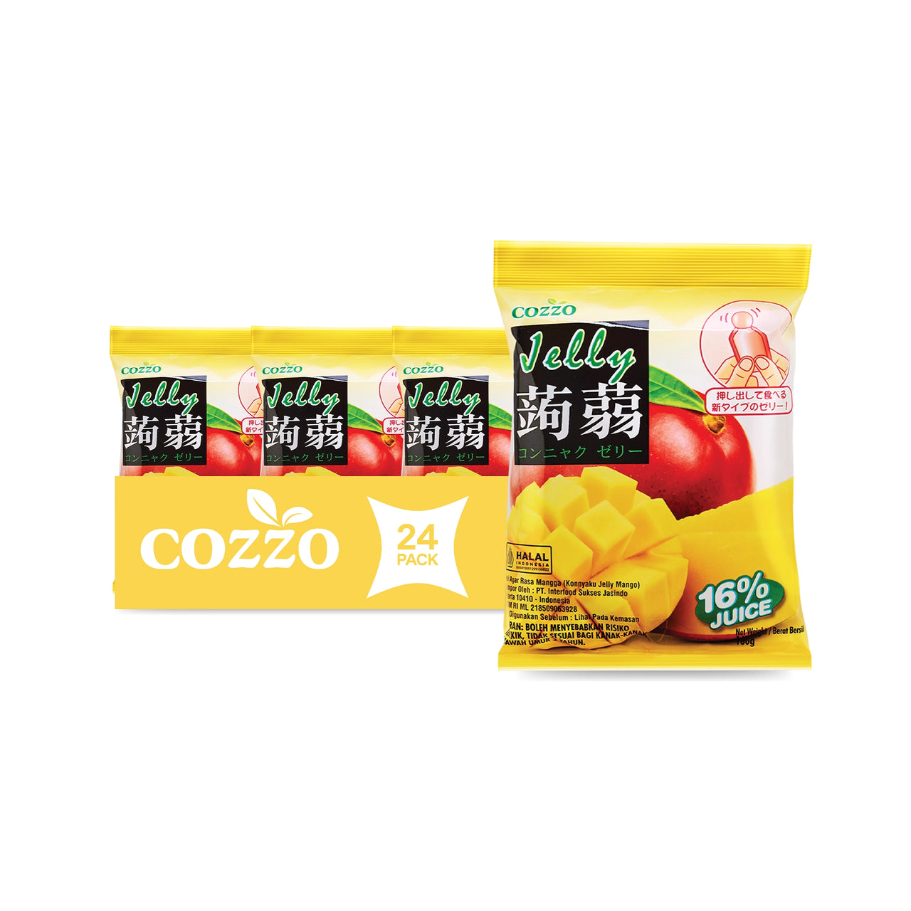 Squeeze jelly pouches, Wholesale snacks — Cozzo mango konnyaku jelly 24 pack with a large pouch showing mango cubes and fruit (16% juice), three smaller pouches behind, and a “24 pack” banner on the left.

جيلي قابل للعصر، سناكات جملة — عبوة Cozzo جيلي كونياكو مانجو 24 قطعة، كيس كبير مع مكعبات مانجو وصورة الفاكهة (16% عصير) وثلاث أكياس أصغر خلفه ولافتة “24 pack” على اليسار.