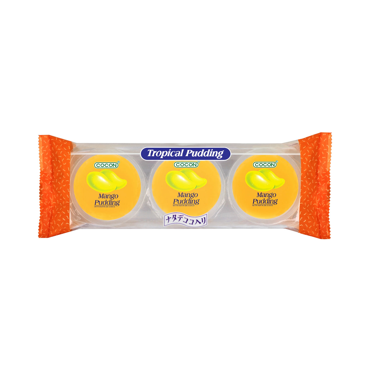 Clear wrapped COCON Tropical Pudding 3-pack with three identical cups labeled Mango Pudding, each lid showing bright yellow mango pieces; Gluten free snacks سناكات خالية من الغلوتين, Low calorie snacks سناكات قليلة السعرات.