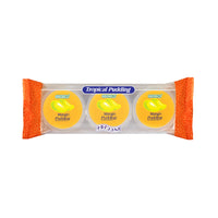 Clear wrapped COCON Tropical Pudding 3-pack with three identical cups labeled Mango Pudding, each lid showing bright yellow mango pieces; Gluten free snacks سناكات خالية من الغلوتين, Low calorie snacks سناكات قليلة السعرات.