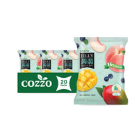 Healthy snacks, Bulk candy, Snack variety packs — Cozzo Jelly 20-pack squeeze pouch shown with three smaller pouches behind, light mint packaging with fruit visuals (peach slice, blueberries, and diced mango), “16% juice” badge, and “Net Weight: 300g” text.

سناكات صحية، حلويات بالجملة، باكيت سناكات مشكلة — كيس جيلي Cozzo قابل للعصر (باك 20) مع ثلاثة أكياس صغيرة بالخلف، تغليف بلون نعناعي فاتح مع صور فواكه (شريحة خوخ، توت أزرق، وقطع مانجا)، شارة “16% عصير”، وعبارة “الوزن الصافي: 300غ”.