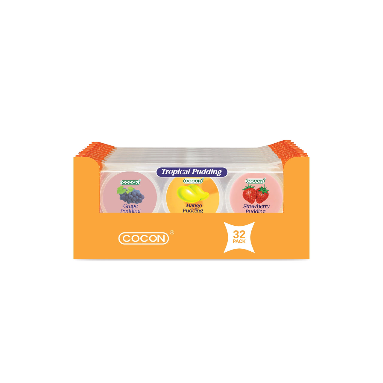 Low calorie snacks multipack of tropical pudding cups in a clear wrapper, showing grape, mango, and strawberry flavors, labeled “32 pack” on a bright orange sleeve.

سناكات قليلة السعرات — عبوة متعددة من أكواب بودينغ استوائي داخل تغليف شفاف، تظهر نكهات العنب والمانجو والفراولة، مع عبارة “32 باك” على غلاف برتقالي.