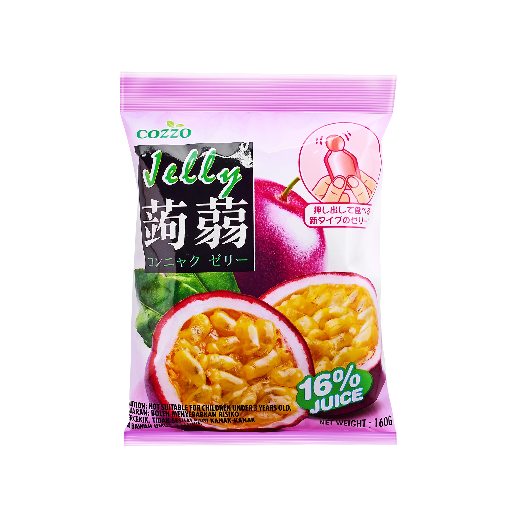 High fiber snack Cozzo konnyaku jelly passion fruit flavour pouch, purple packaging with two cut passion fruits and a “16% juice” badge, net weight 160g.

وجبة خفيفة عالية الألياف — كيس جيلي كونياكو Cozzo بنكهة الباشن فروت، تغليف بنفسجي مع حبتين باشن فروت مقطوعتين وشارة “16% عصير”، الوزن 160غ.