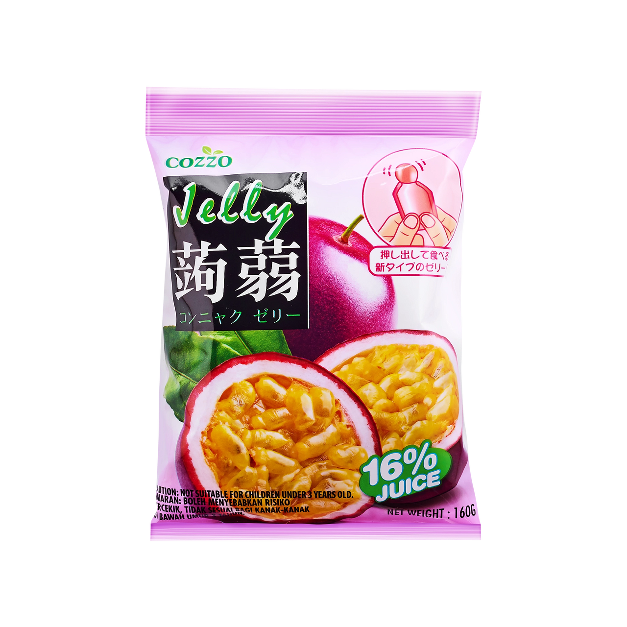High fiber snack Cozzo konnyaku jelly passion fruit flavour pouch, purple packaging with two cut passion fruits and a “16% juice” badge, net weight 160g.

وجبة خفيفة عالية الألياف — كيس جيلي كونياكو Cozzo بنكهة الباشن فروت، تغليف بنفسجي مع حبتين باشن فروت مقطوعتين وشارة “16% عصير”، الوزن 160غ.