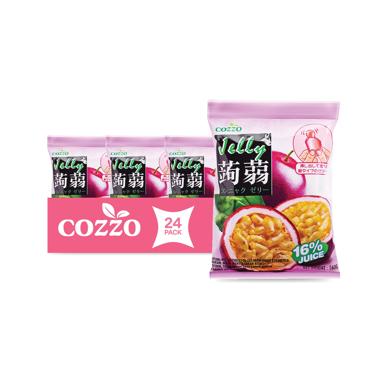 Squeeze jelly pouches, Wholesale snacks — Cozzo passion fruit konnyaku jelly 24 pack showing one large pouch with passion fruit images (16% juice, 160g), three smaller pouches behind, and a “24 pack” label strip.

جيلي قابل للعصر، سناكات جملة — عبوة Cozzo جيلي كونياكو باشن فروت 24 قطعة، كيس كبير مع صورة باشن فروت (16% عصير، 160غ) وثلاث أكياس أصغر خلفه مع شريط “24 pack”.