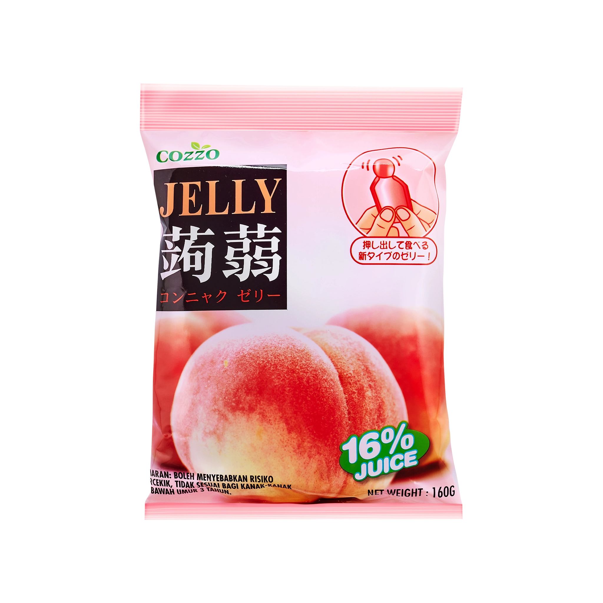 High fiber snack Cozzo konnyaku jelly peach flavour pouch, soft pink packaging with two peaches and a “16% juice” badge, net weight 160g.

وجبة خفيفة عالية الألياف — كيس جيلي كونياكو بنكهة الخوخ من Cozzo، تغليف وردي مع صورتين للخوخ وشارة “16% عصير”، الوزن 160غ.