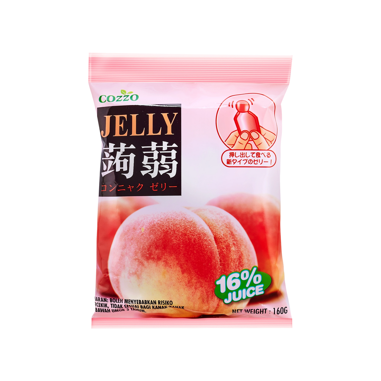 High fiber snack Cozzo konnyaku jelly peach flavour pouch, soft pink packaging with two peaches and a “16% juice” badge, net weight 160g.

وجبة خفيفة عالية الألياف — كيس جيلي كونياكو بنكهة الخوخ من Cozzo، تغليف وردي مع صورتين للخوخ وشارة “16% عصير”، الوزن 160غ.