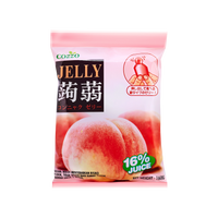 High fiber snack Cozzo konnyaku jelly peach flavour pouch, soft pink packaging with two peaches and a “16% juice” badge, net weight 160g.

وجبة خفيفة عالية الألياف — كيس جيلي كونياكو بنكهة الخوخ من Cozzo، تغليف وردي مع صورتين للخوخ وشارة “16% عصير”، الوزن 160غ.