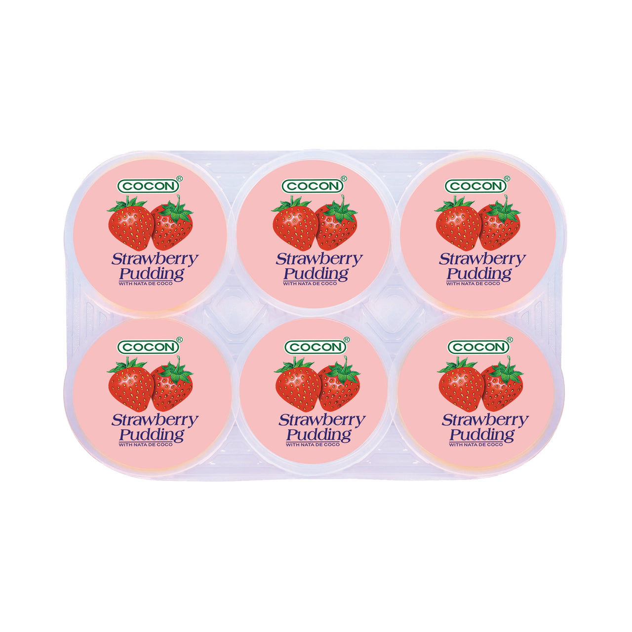 Six-cup COCON strawberry pudding tray in a clear plastic pack; all six round lids are pink with two strawberry icons and the words ‘Strawberry Pudding’ on each cup. Wholesale snacks سناكات جملة, Healthy snacks سناكات صحية, Low calorie snacks سناكات قليلة السعرات.