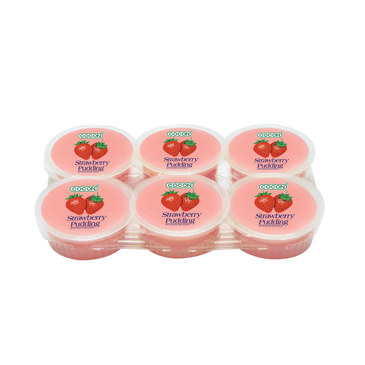 Six-cup COCON strawberry pudding tray in a clear plastic pack; all six round lids are pink with two strawberry icons and the words ‘Strawberry Pudding’ on each cup. Wholesale snacks سناكات جملة, Healthy snacks سناكات صحية, Low calorie snacks سناكات قليلة السعرات.