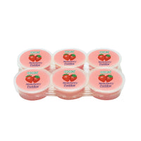Six-cup COCON strawberry pudding tray in a clear plastic pack; all six round lids are pink with two strawberry icons and the words ‘Strawberry Pudding’ on each cup. Wholesale snacks سناكات جملة, Healthy snacks سناكات صحية, Low calorie snacks سناكات قليلة السعرات.