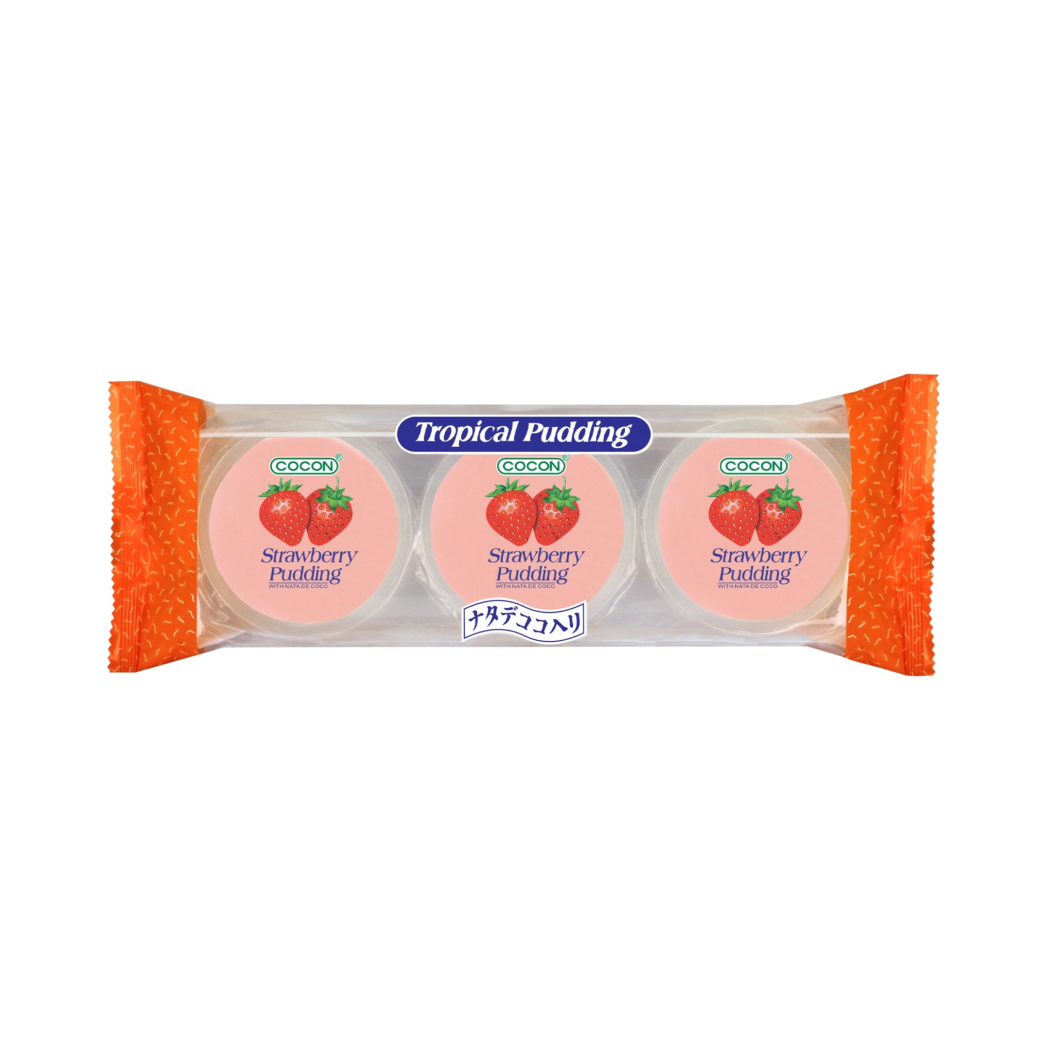 Clear wrapped COCON Tropical Pudding 3-pack with three identical cups labeled Strawberry Pudding, each lid showing two red strawberries on a pink background; Gluten free snacks سناكات خالية من الغلوتين, Low calorie snacks سناكات قليلة السعرات.