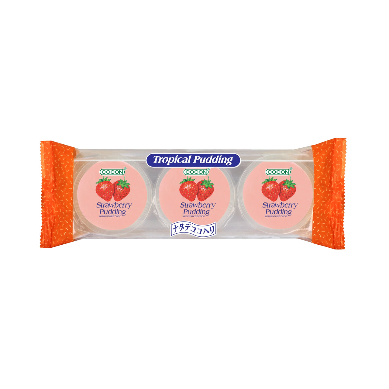 Clear wrapped COCON Tropical Pudding 3-pack with three identical cups labeled Strawberry Pudding, each lid showing two red strawberries on a pink background; Gluten free snacks سناكات خالية من الغلوتين, Low calorie snacks سناكات قليلة السعرات.