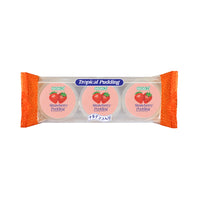 Clear wrapped COCON Tropical Pudding 3-pack with three identical cups labeled Strawberry Pudding, each lid showing two red strawberries on a pink background; Gluten free snacks سناكات خالية من الغلوتين, Low calorie snacks سناكات قليلة السعرات.