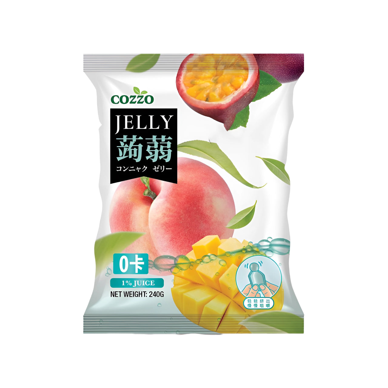 High fiber snack Cozzo konnyaku jelly zero calorie pouch showing peach, passion fruit, and mango pieces, labeled “0 kcal” and “1% juice,” net weight 240g.

وجبة خفيفة عالية الألياف — كيس جيلي كونياكو Cozzo صفر سعرات مع صور خوخ وباشن فروت وقطع مانجو، مكتوب “0 كالوري” و“1% عصير”، الوزن 240غ.