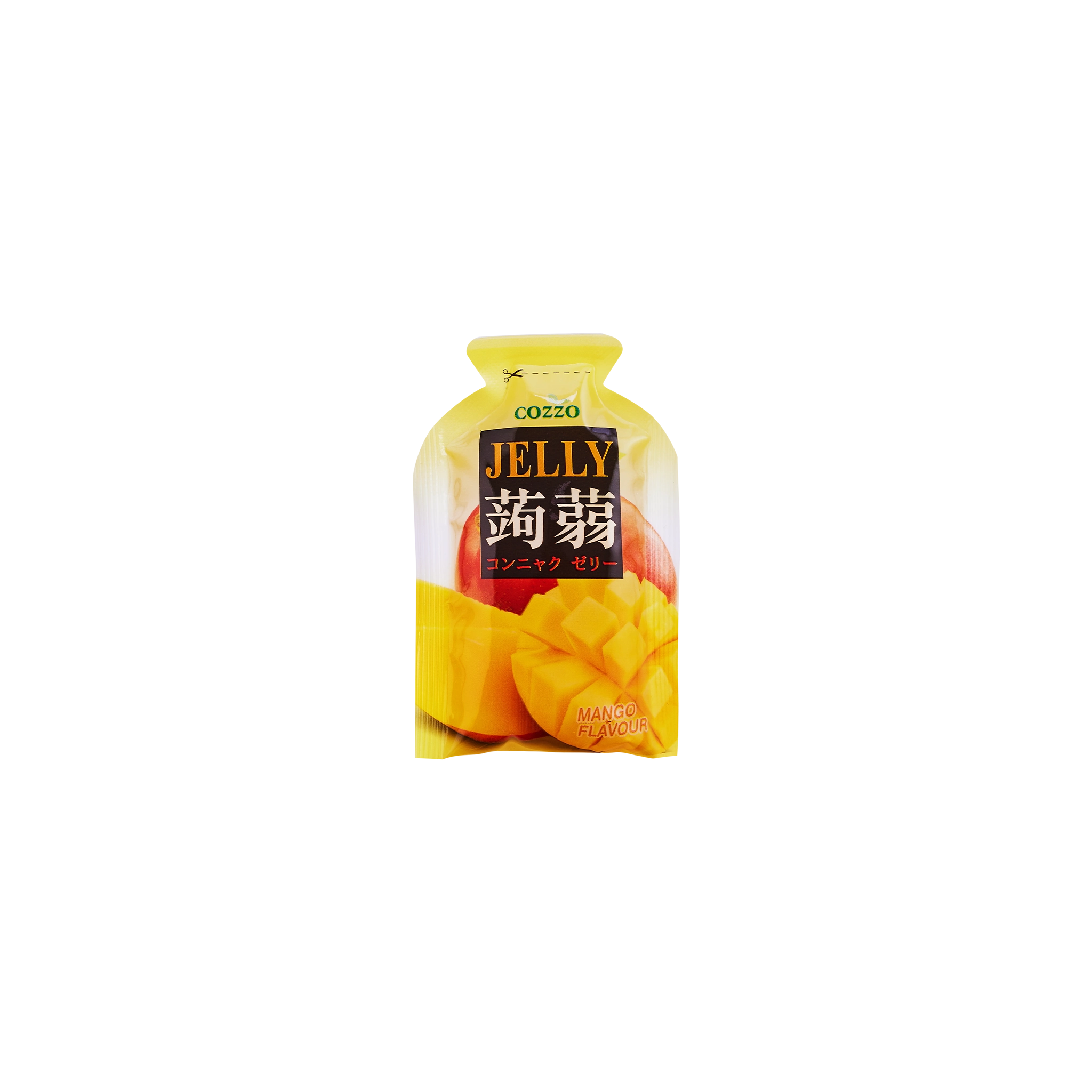 Low sugar candy — Cozzo Jelly mango flavour pouch with a bright yelliw top and mango fruit image on the front, isolated on a transparent background.

حلويات قليلة السكر — كيس جيلي كوزو بنكهة منجا بغطاء علوي أزرق، مع صورة فاكهة منجا على الواجهة، معزول على خلفية شفافة.