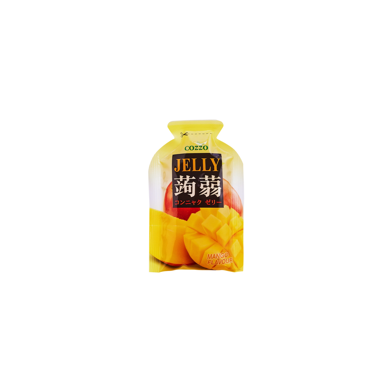 Low sugar candy — Cozzo Jelly mango flavour pouch with a bright yelliw top and mango fruit image on the front, isolated on a transparent background.

حلويات قليلة السكر — كيس جيلي كوزو بنكهة منجا بغطاء علوي أزرق، مع صورة فاكهة منجا على الواجهة، معزول على خلفية شفافة.